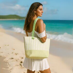 Large Beach Canvas Bag Green Striped Gold Shimmering Tote Rope Handle Zipper